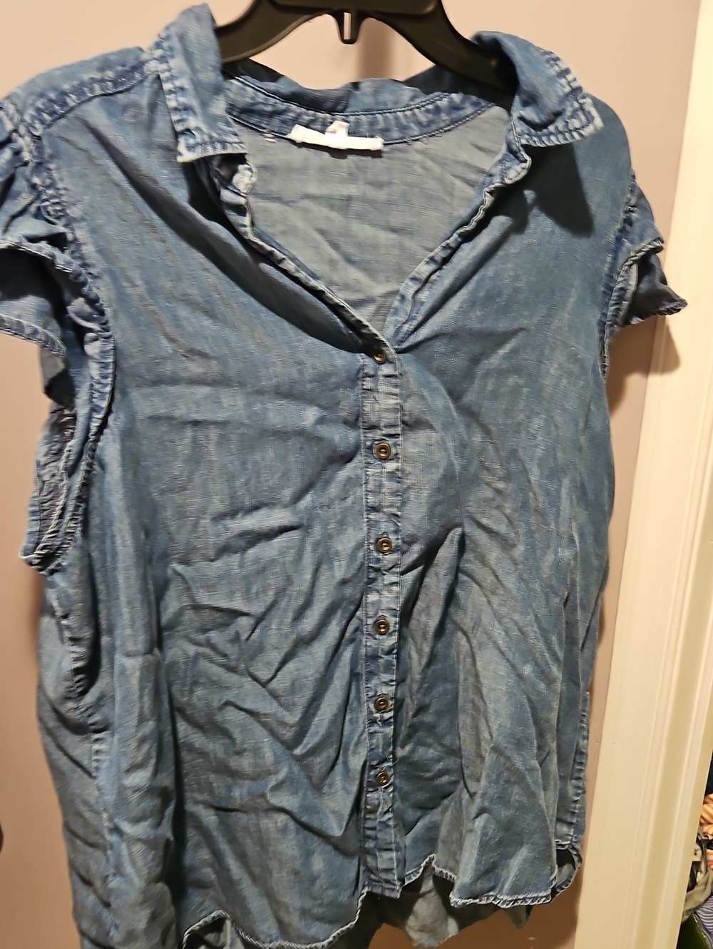 Jane and Delancey Blue Chambray Button-Front Ruffle Sleeve Top
